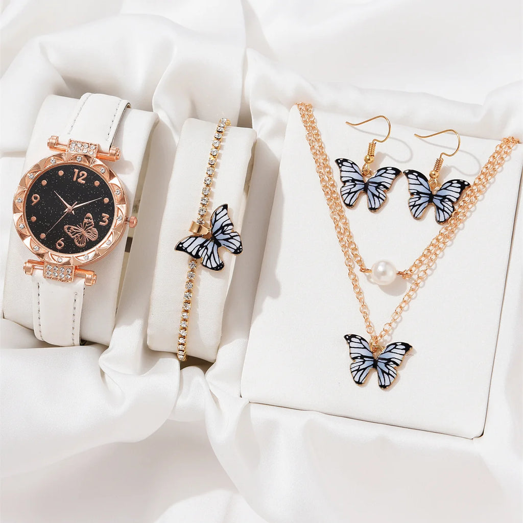 New Arrivals Fashion Women Watches Bracelet Earrings Necklaces  4pcs Set Quartz Watch PU Strap Watch butterfly Bracelet Set