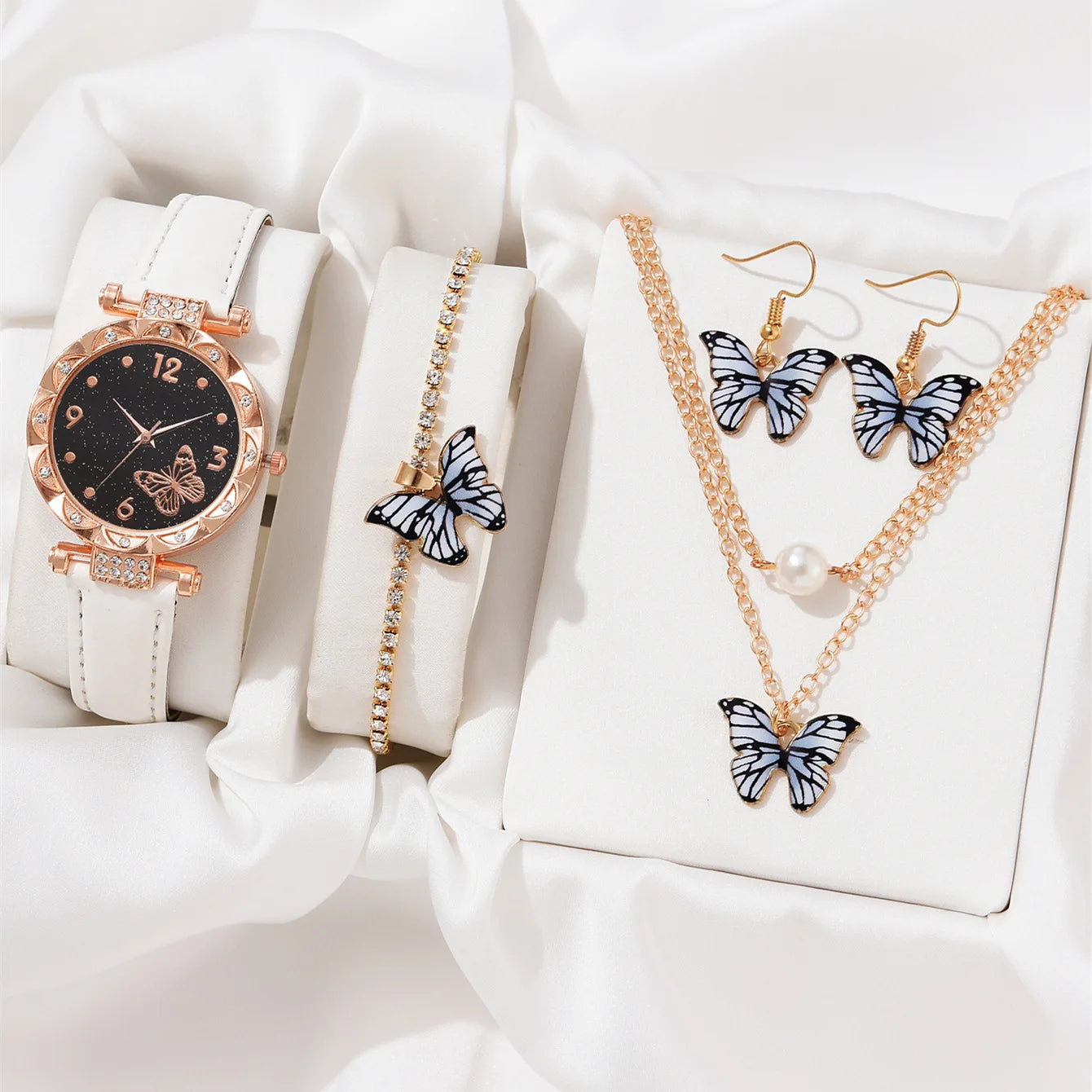 New Arrivals Fashion Women Watches Bracelet Earrings Necklaces  4pcs Set Quartz Watch PU Strap Watch butterfly Bracelet Set