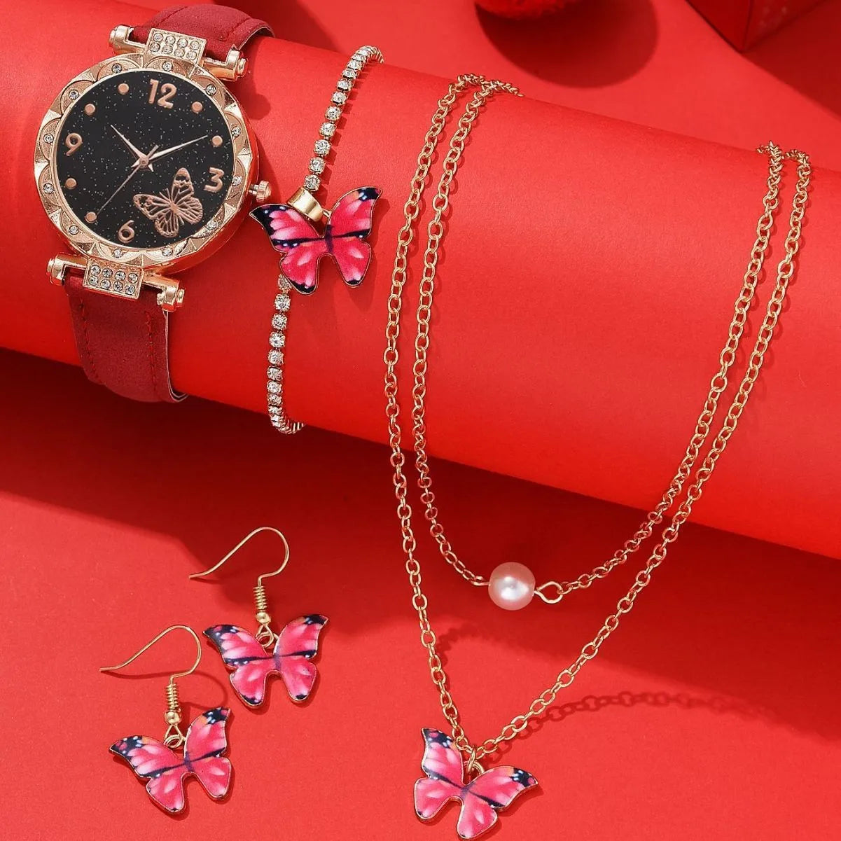 New Arrivals Fashion Women Watches Bracelet Earrings Necklaces  4pcs Set Quartz Watch PU Strap Watch butterfly Bracelet Set