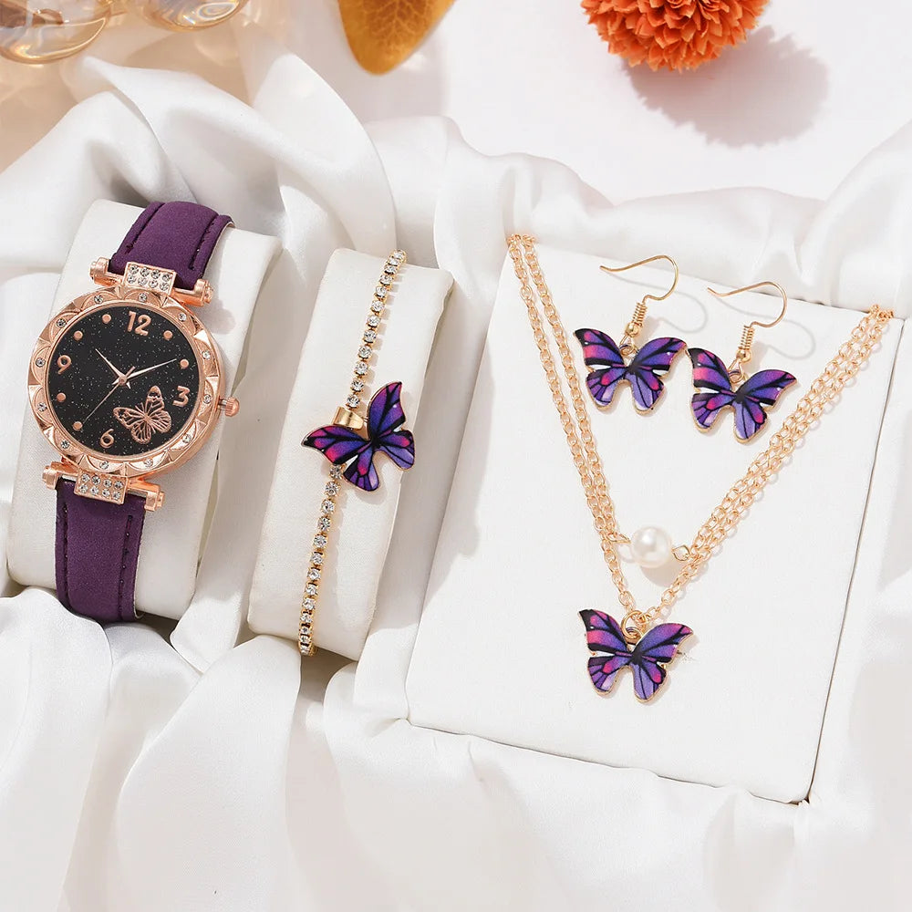 New Arrivals Fashion Women Watches Bracelet Earrings Necklaces  4pcs Set Quartz Watch PU Strap Watch butterfly Bracelet Set