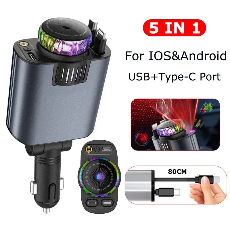 5-in-1 PD45W Car Charger USB Type-C Power Adapter Phone Charger With Roof Starlight Aromatherapy Air Freshener For IOS Android