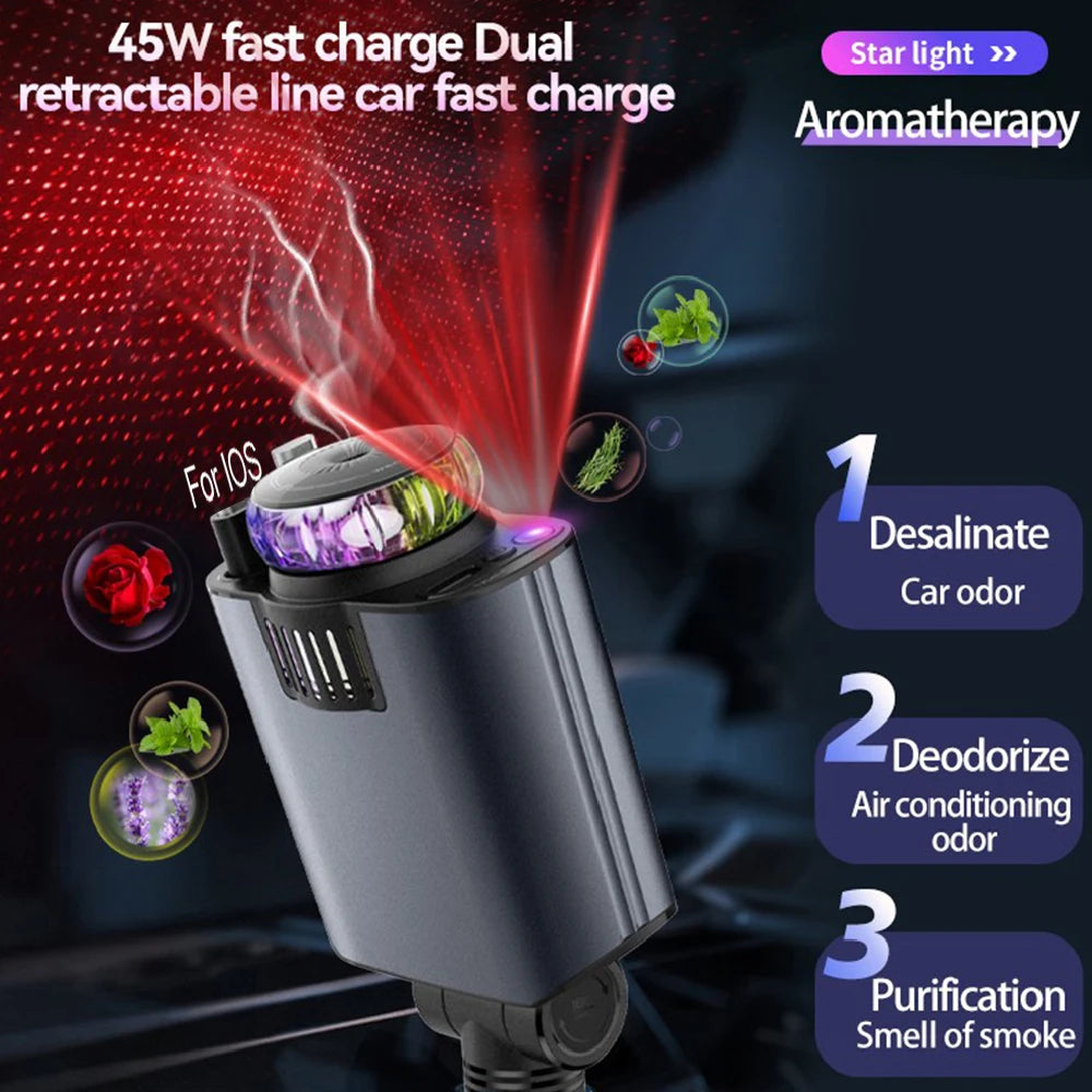 5-in-1 PD45W Car Charger USB Type-C Power Adapter Phone Charger With Roof Starlight Aromatherapy Air Freshener For IOS Android